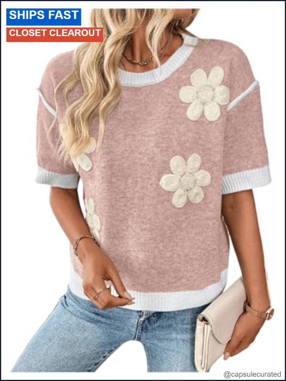 Womens Short Sleeve Flower Sweater Pullover Loose Fit Crew Neck Top